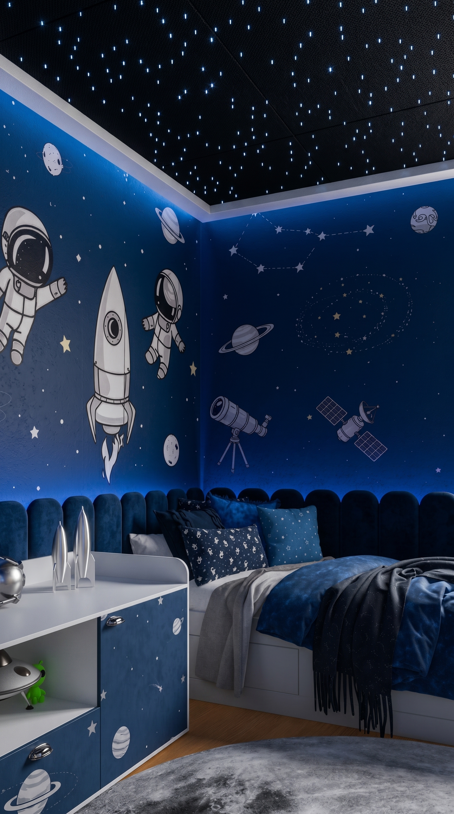 Cama, escrivaninha e paredes espaciais do Quarto Infantil Astronauta